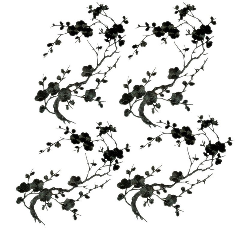 4 Pcs Big Plum Blossom Blossom Iron On Patches Embroidery Flower Appliques 14.1"x7.5" (36x19cm)(Classic Black)